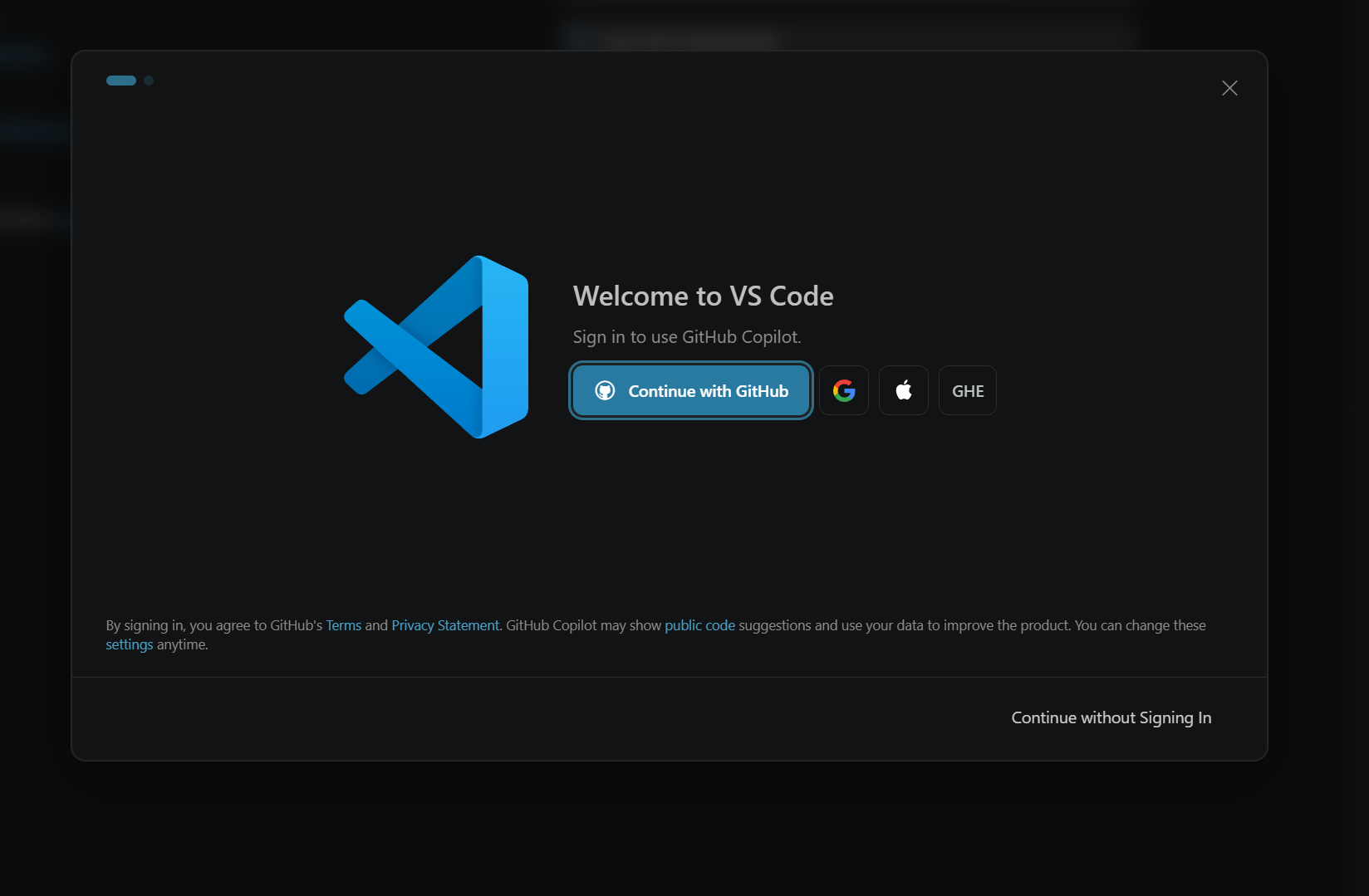그림 02-a. VS Code 첫 화면 — Continue without Signing In